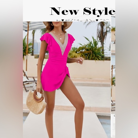 New- 1 Piece Swim Dress, Tummy Control Ruffle Lace V Neck Bathing suit - Picture 3 of 6